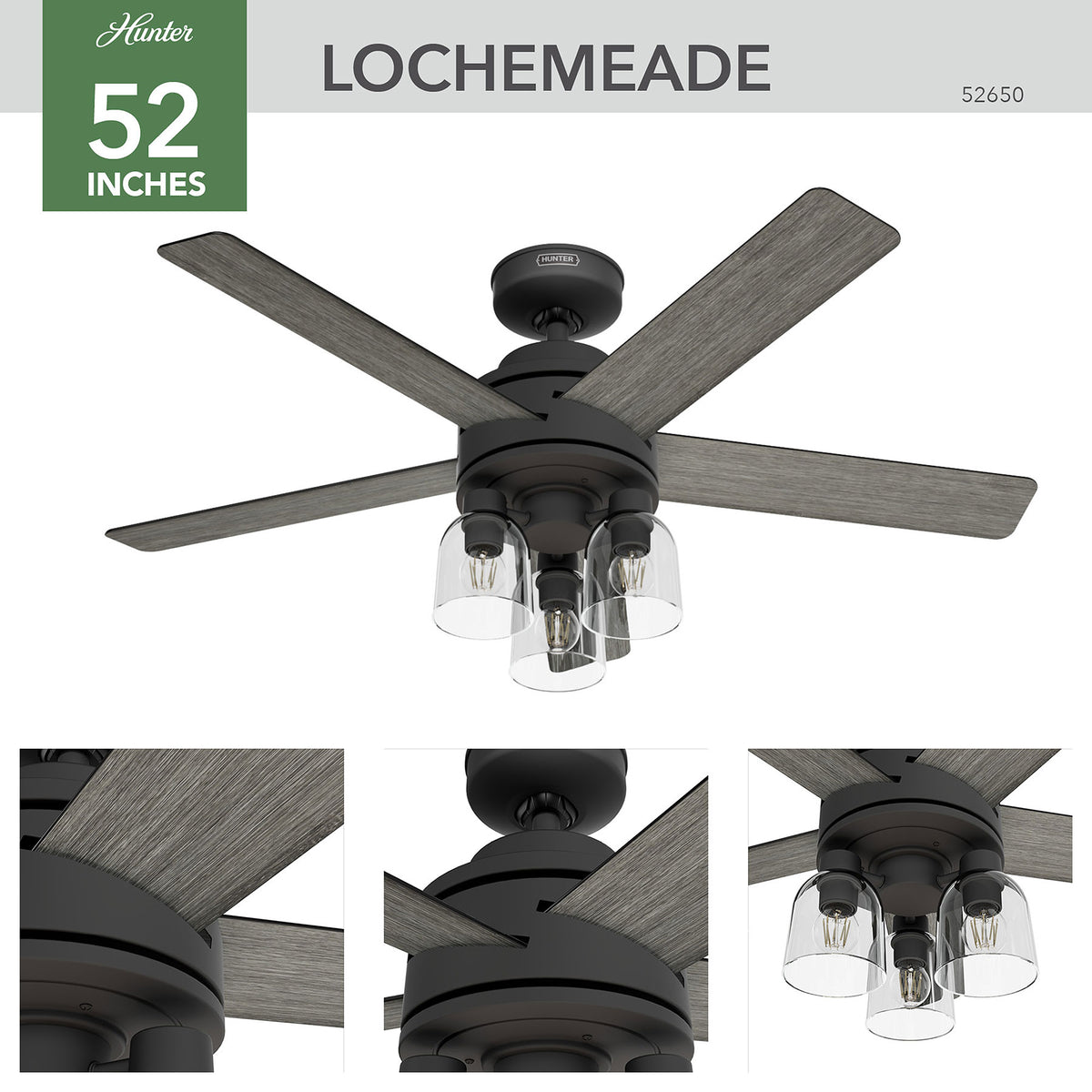 52 inch Lochemeade Matte Black Ceiling Fan with LED Light Kit and Handheld Remote
