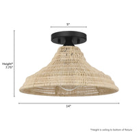 Agoura 14-inch 1-light Matte Black Flush Mount Ceiling Light with Natural Rattan Shade