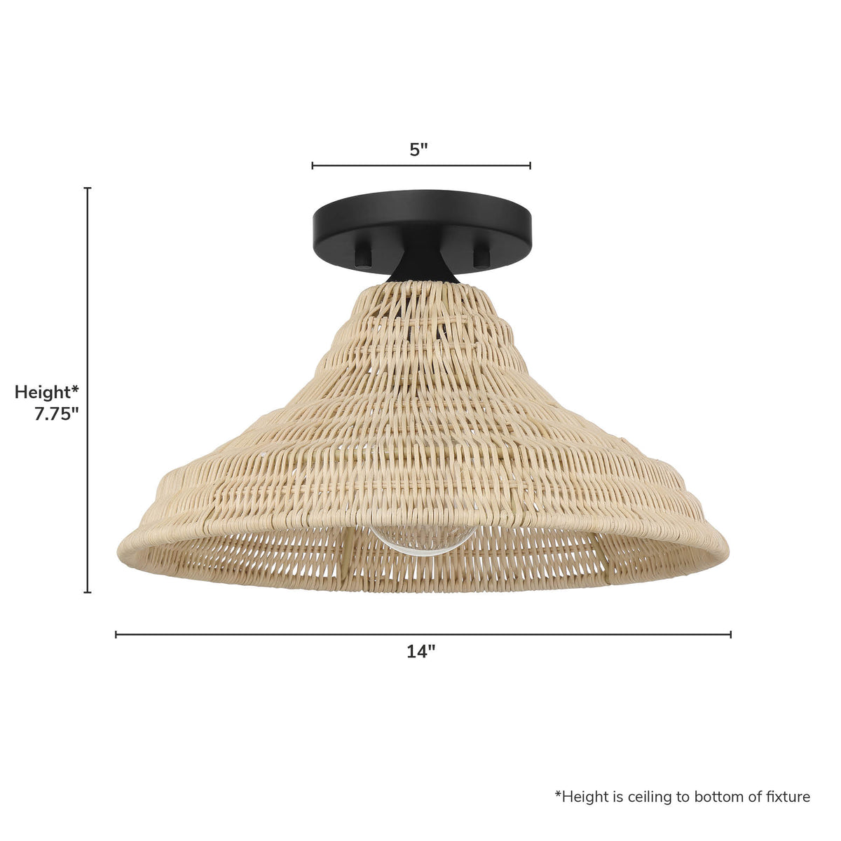 Agoura 14-inch 1-light Matte Black Flush Mount Ceiling Light with Natural Rattan Shade