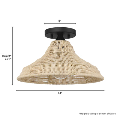 Agoura 14-inch 1-light Matte Black Flush Mount Ceiling Light with Natural Rattan Shade