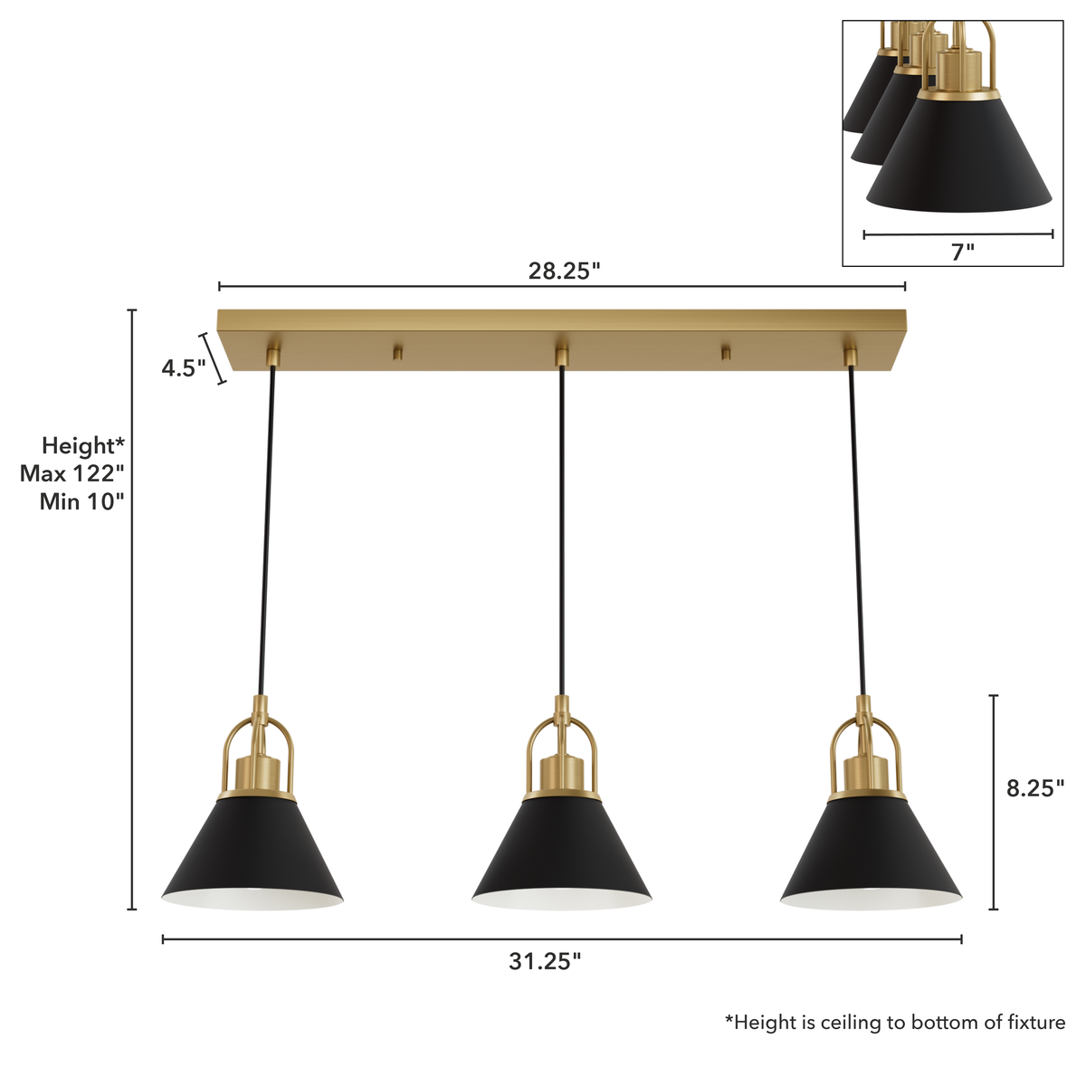Carrington Isle 31.25-inch 3-light Luxe Gold and Flat Matte Black Linear Pendant Cluster with Flat Matte Black Metal Shade