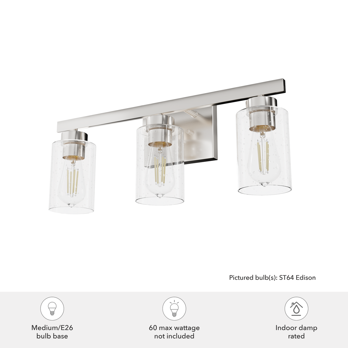 Hartland 22-inch 3-light Brushed Nickel Vanity Light with Seeded Glass
