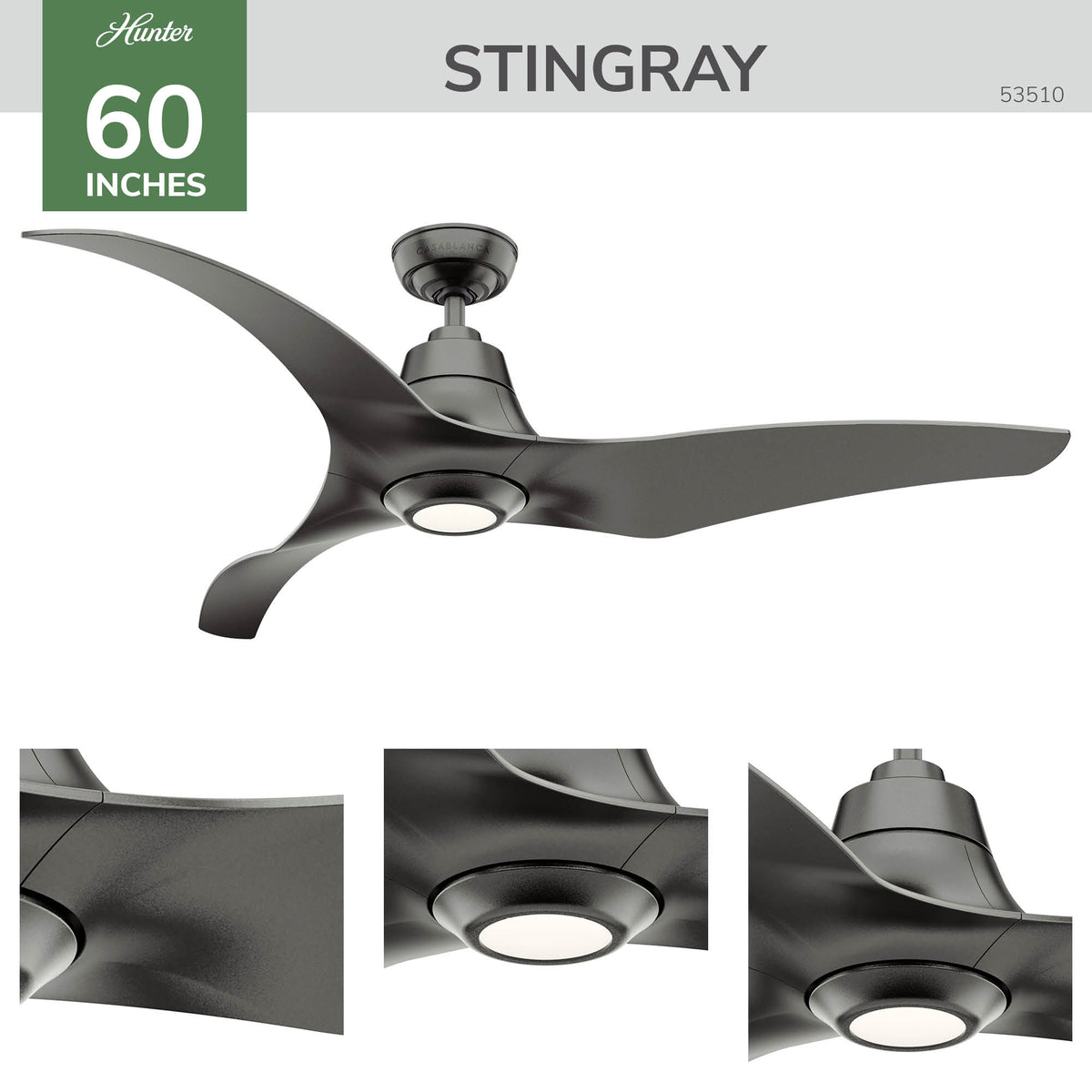 Casablanca 60 inch Stingray ENERGY STAR® Granite Damp Rated Ceiling Fan with LED Light Kit and Handheld Remote