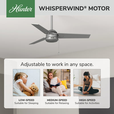 44 inch Cassius Matte Silver Damp Rated Ceiling Fan and Pull Chain