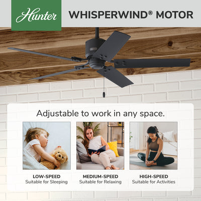 52 inch Windbound Matte Black Damp Rated Ceiling Fan and Pull Chain