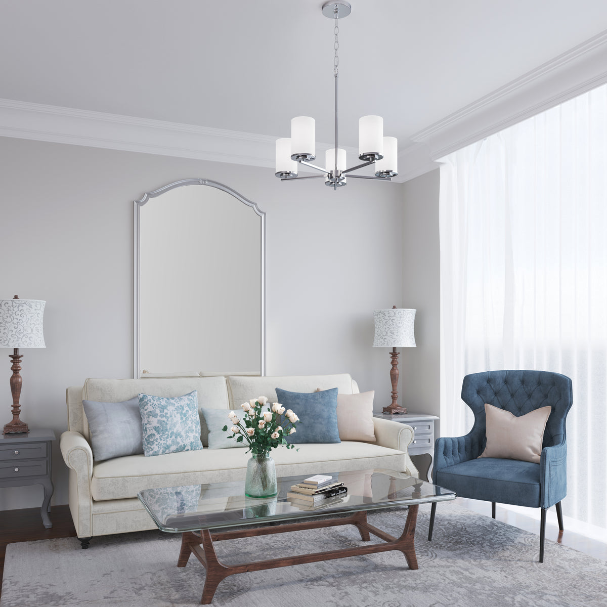 24-inch Verlana Chrome 5-Light Etched White Glass Chandelier