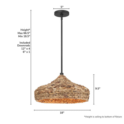 Cambria 18-inch 1-light Matte Black Pendant with Natural Seagrass Shade