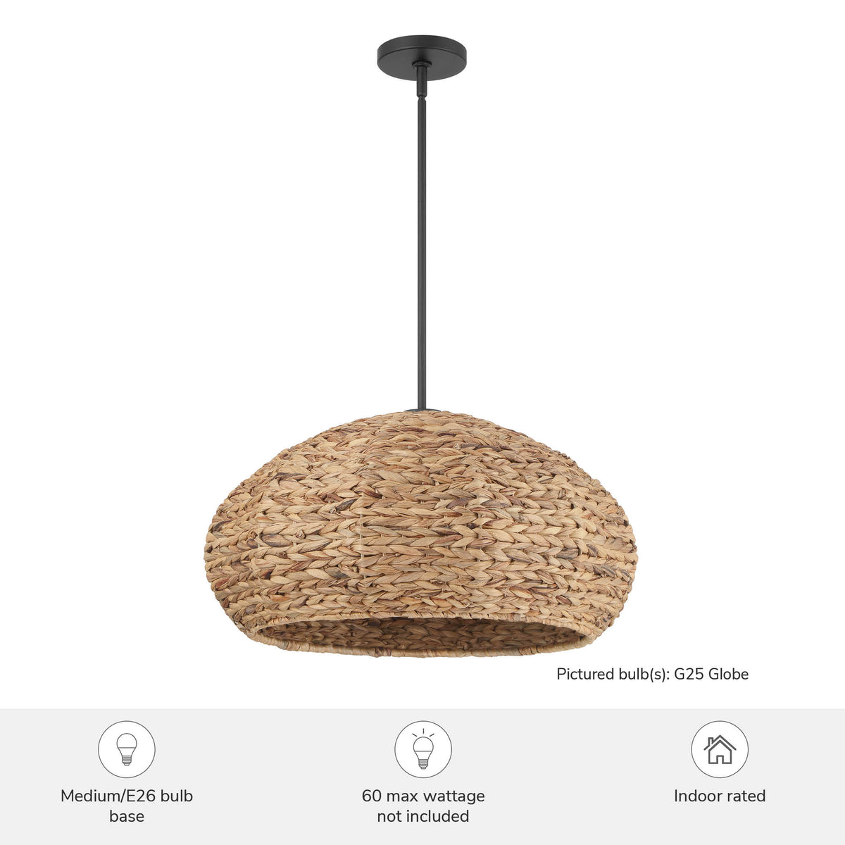 Cambria 24-inch 3-light Matte Black Pendant with Natural Seagrass Shade Mushroom Design