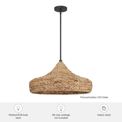 Cambria 24-inch 3-light Matte Black Pendant with Natural Seagrass Shade Martini Design
